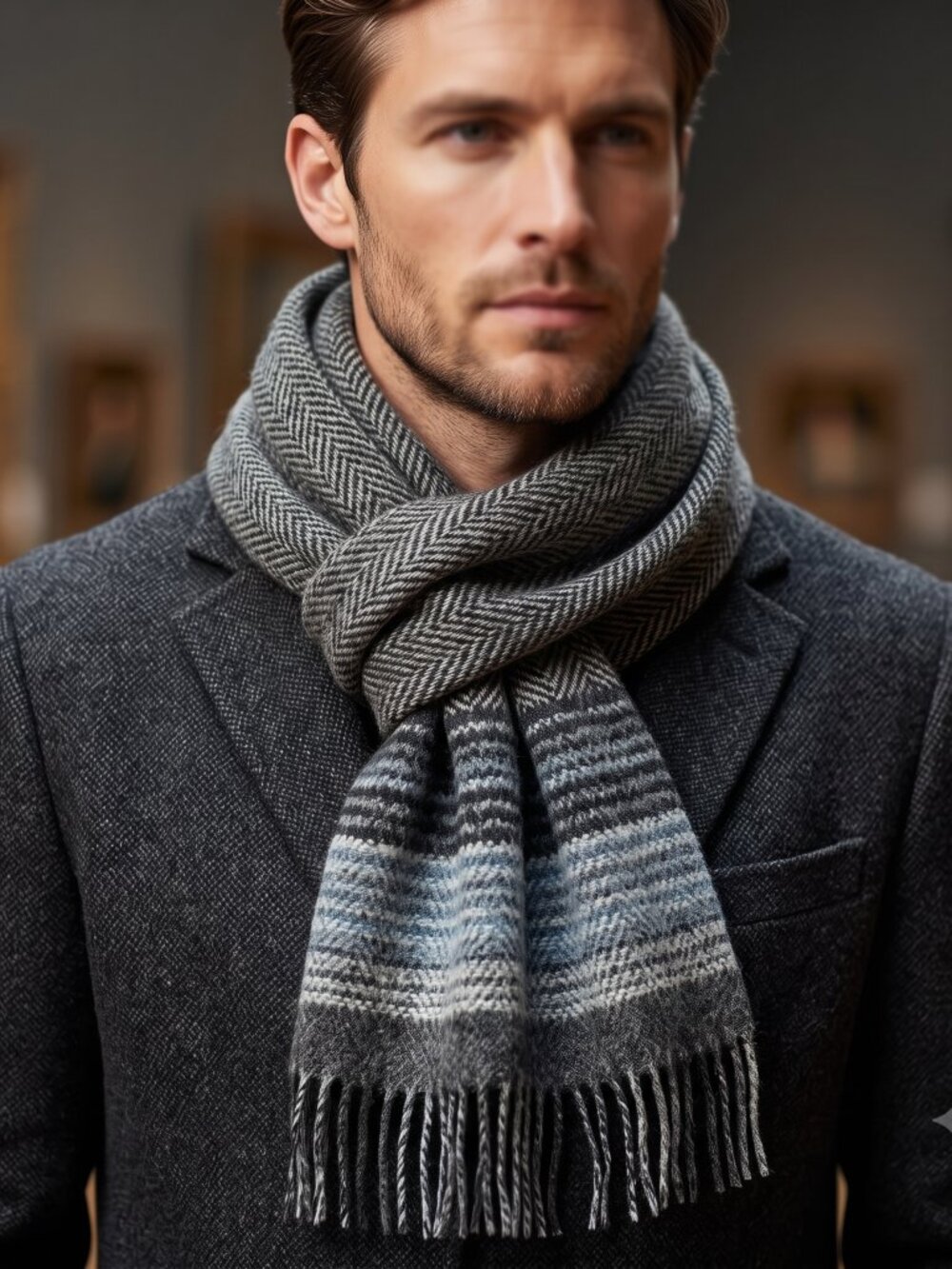 Balenciaga Scarf  Unisex Black Gray Tweed Black BLue Gray Herringbone Chevron